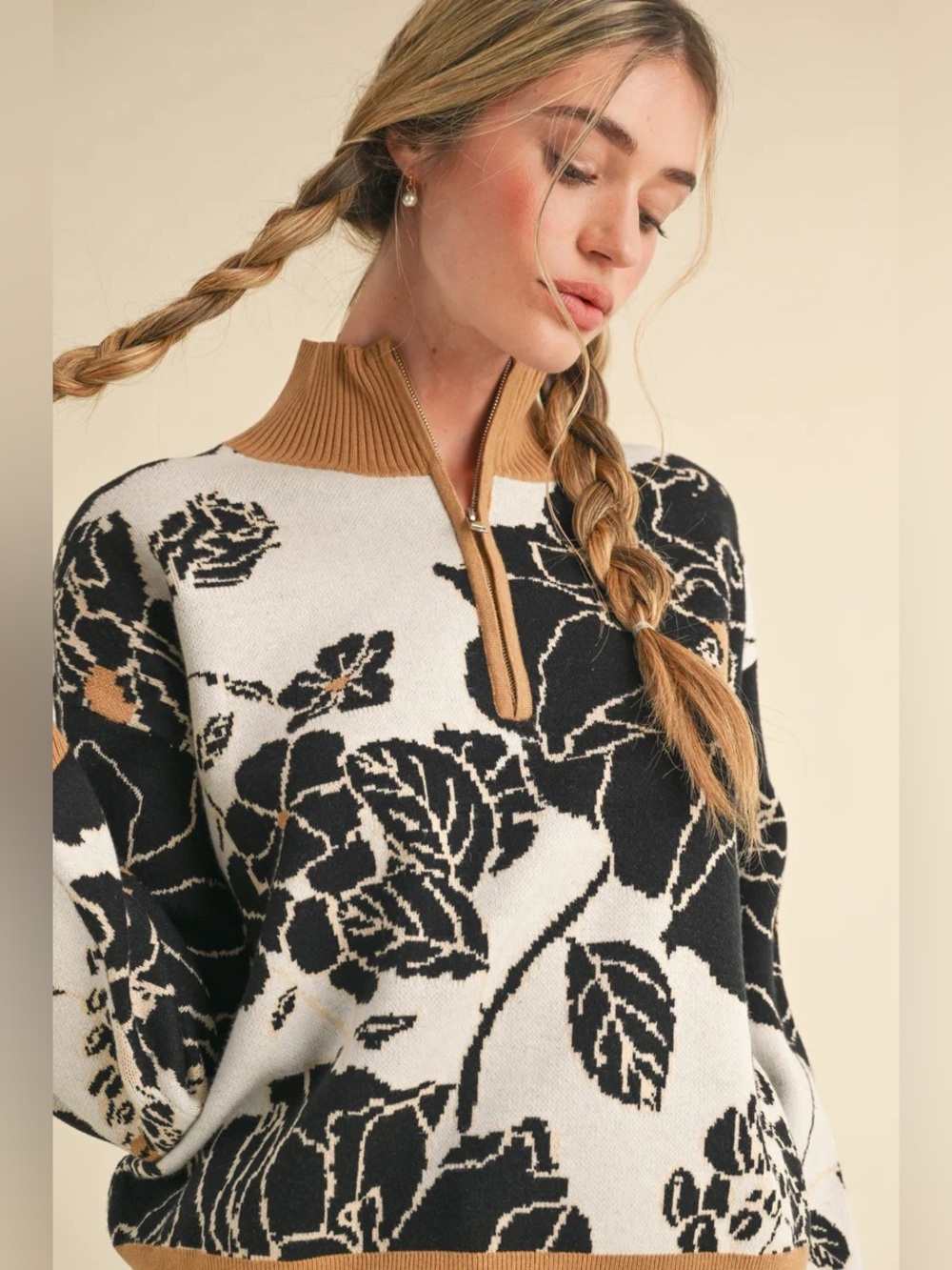 Maeve The Montana Mock Neck Sweater M Anthropologie Black Tan Floral Boxy Chunky - Picture 3 of 13